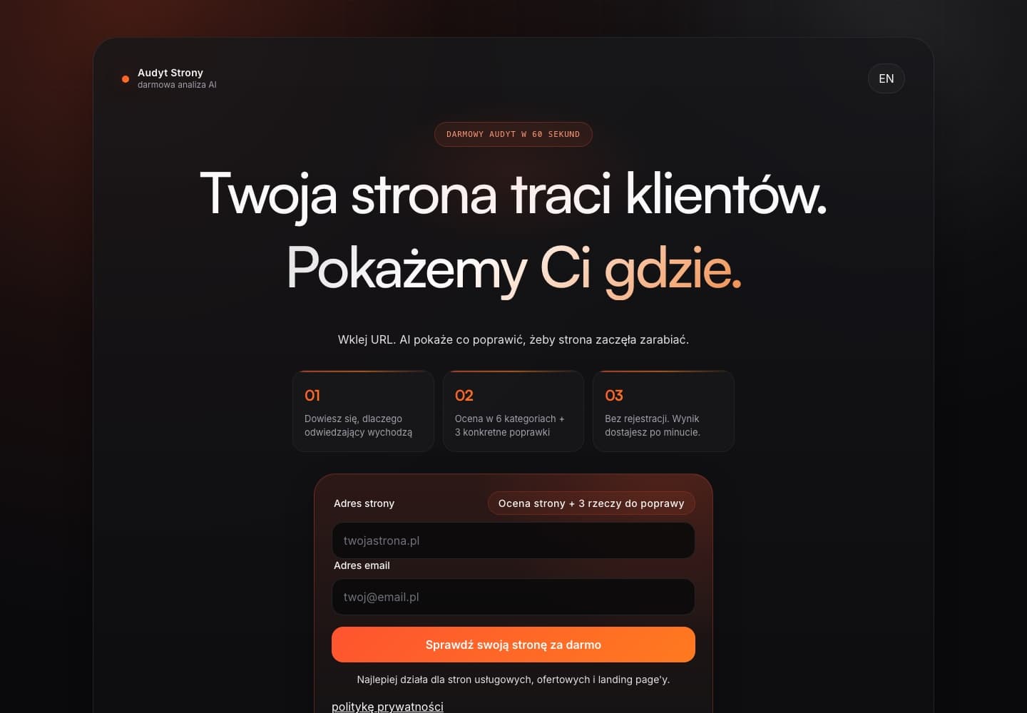 Strona główna Roast My Website z formularzem darmowego audytu strony
